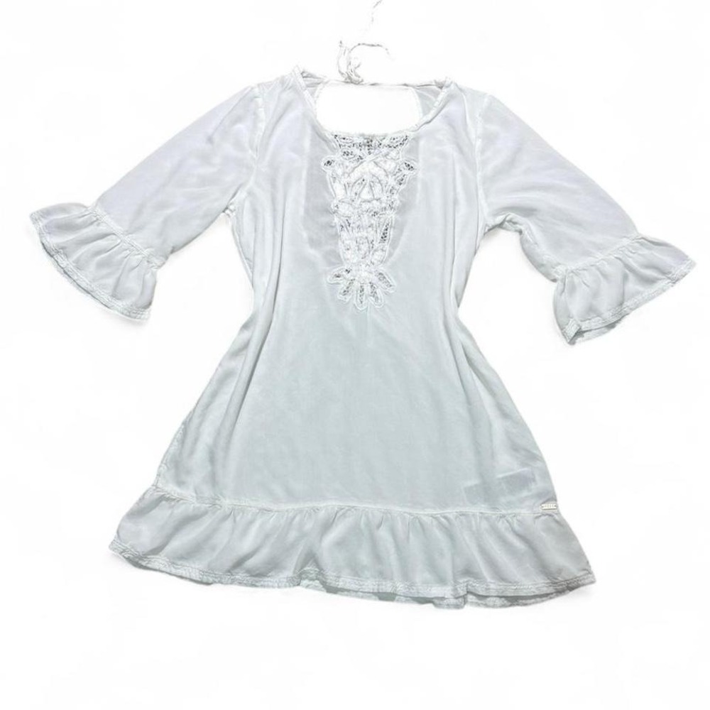 Roxy White lace trim mini babydoll dress with ruffle hem swim cover up Size M